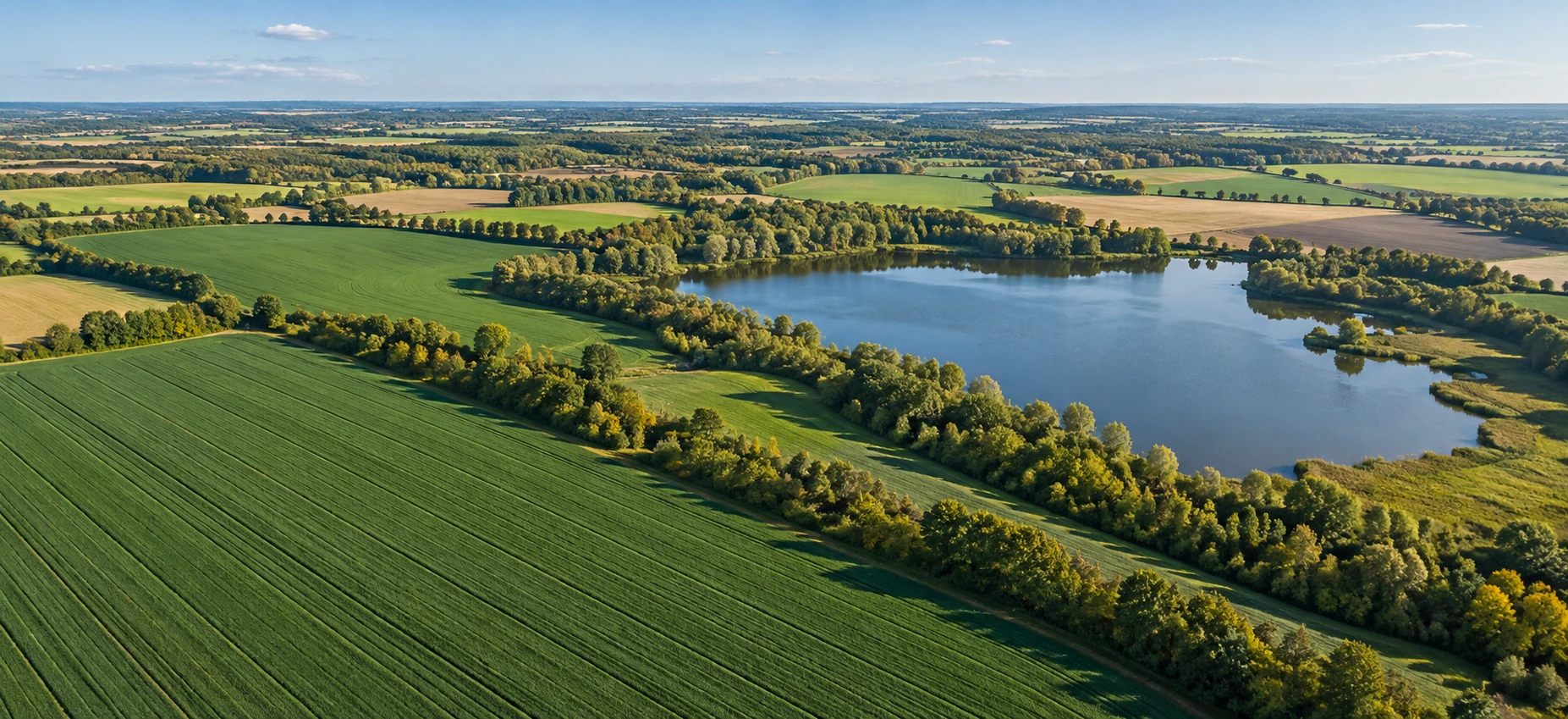 Панорама сельскохозяйственных полей, лесополос и озера